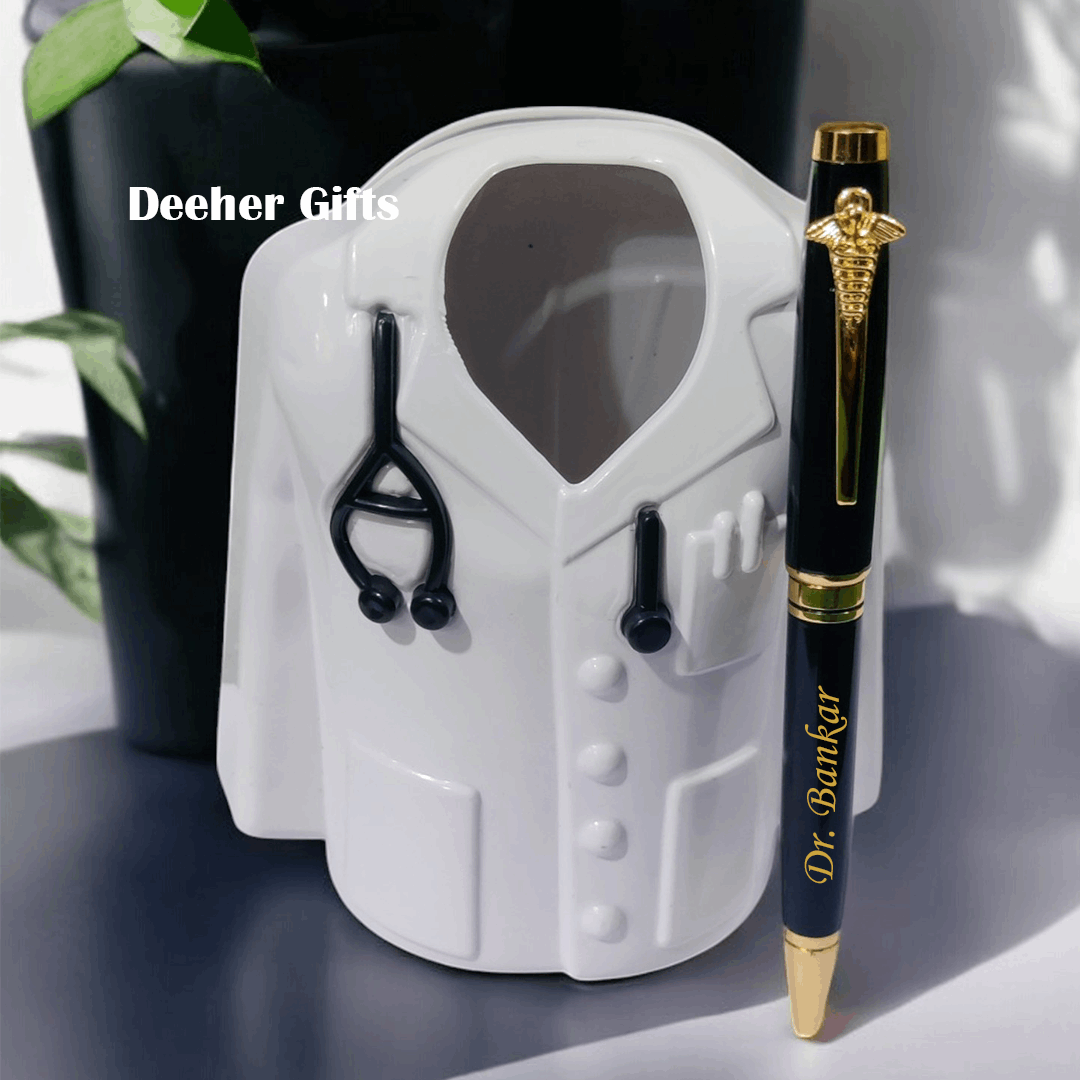 Personalized Doctor Coat Pen Stand And Pen Gift Set