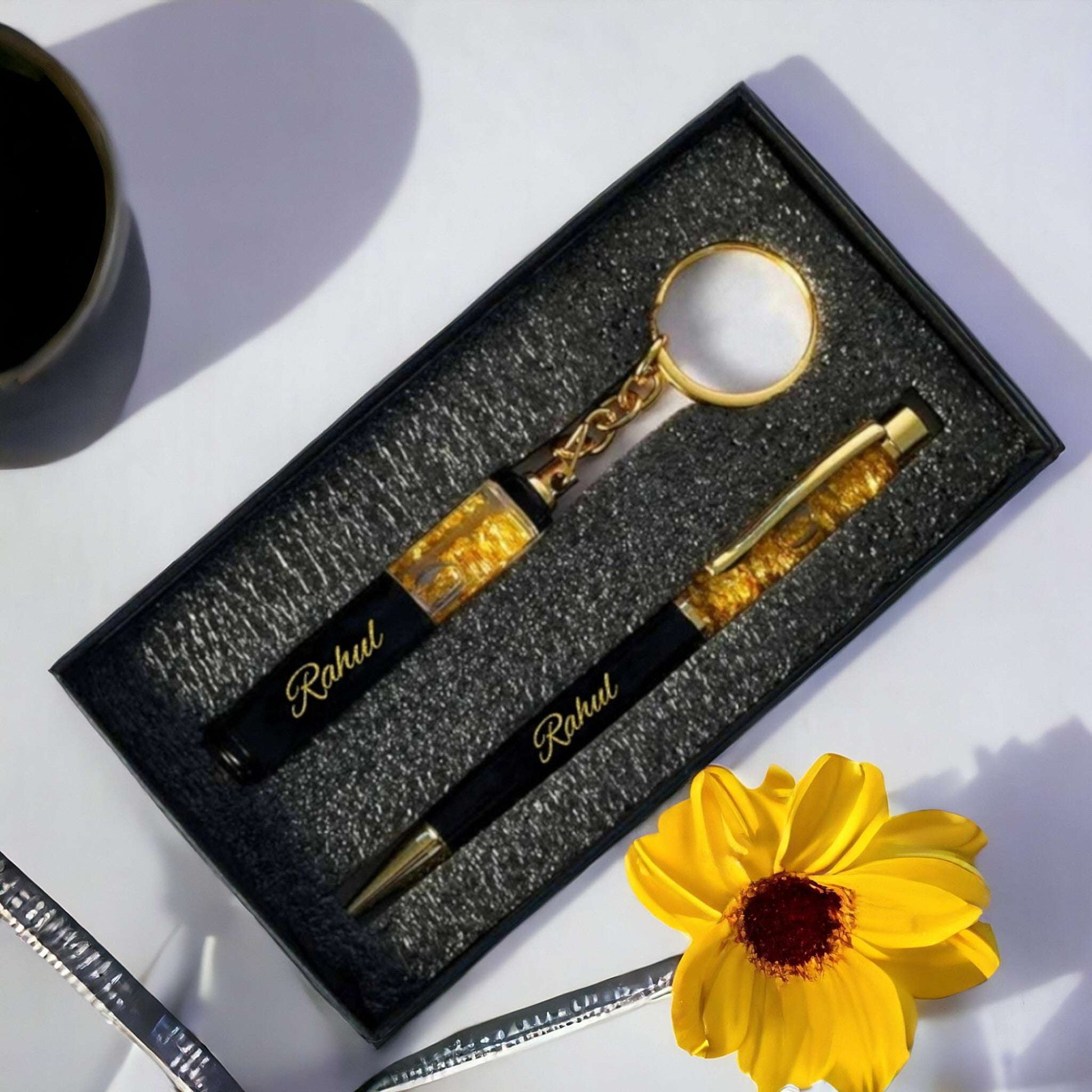 Customised Golden Zari Pen and Keychain Gift Set
